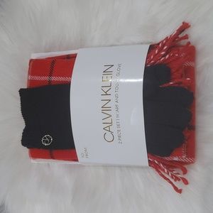 Calvin Klein Plaid Scarf and Knit Touch Glove 2 Piece Set, Red